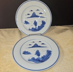 Antique Chinese Style Blue White Underglaze Landscape Plate Chinoiserie 10"